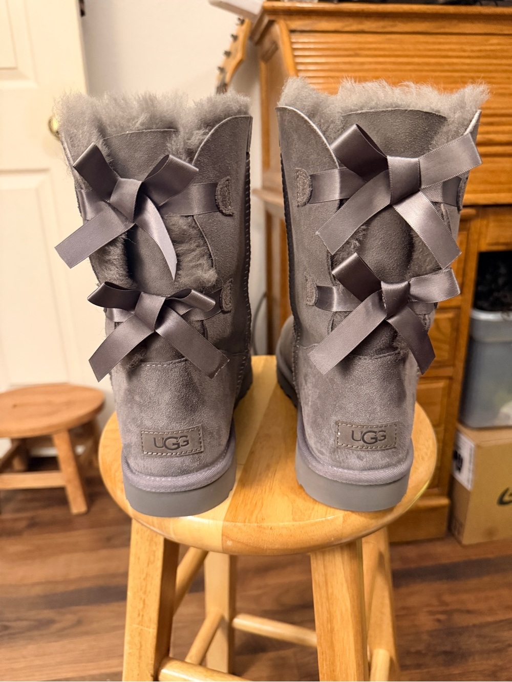 UGG Gray Suede Boots with Satin Back Bows